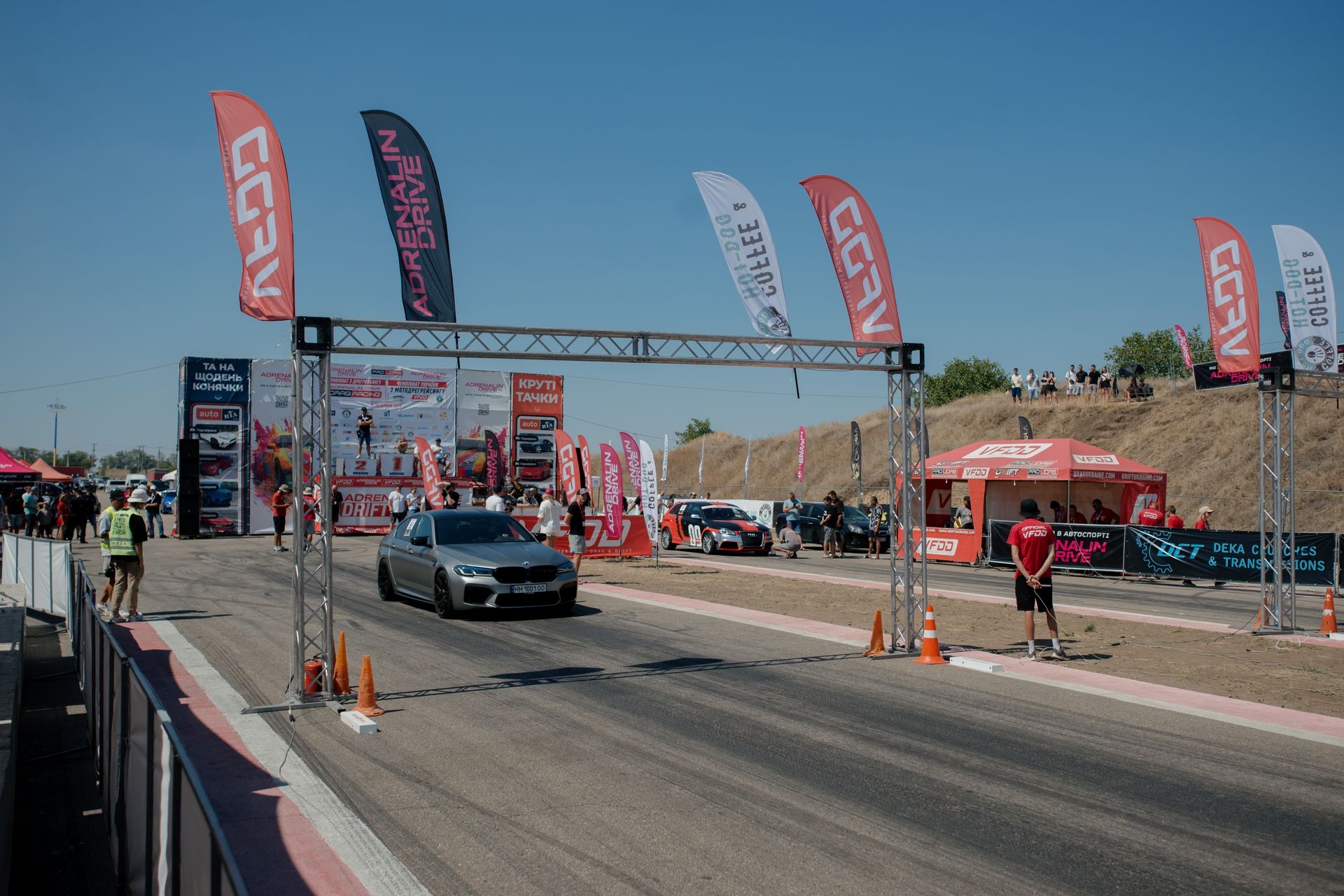 Racing car at the starting point during a drag race in Odesa, Ukraine, on Aug. 10, 2025.