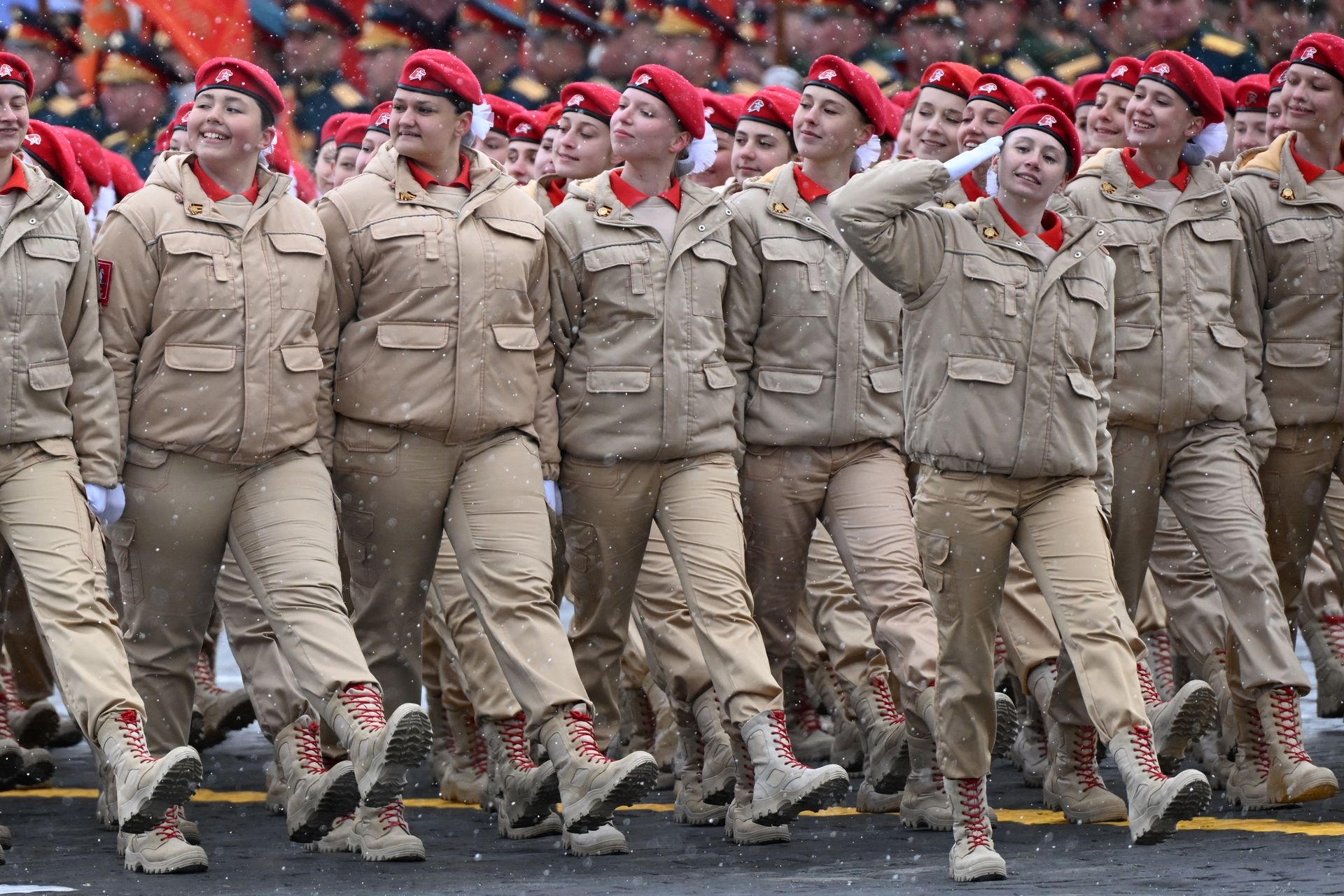 Members of Russia’s "Yunarmiya" (Young Army) youth patriotic movement march on Red Square during a military parade in central Moscow, Russia, on May 9, 2024. 