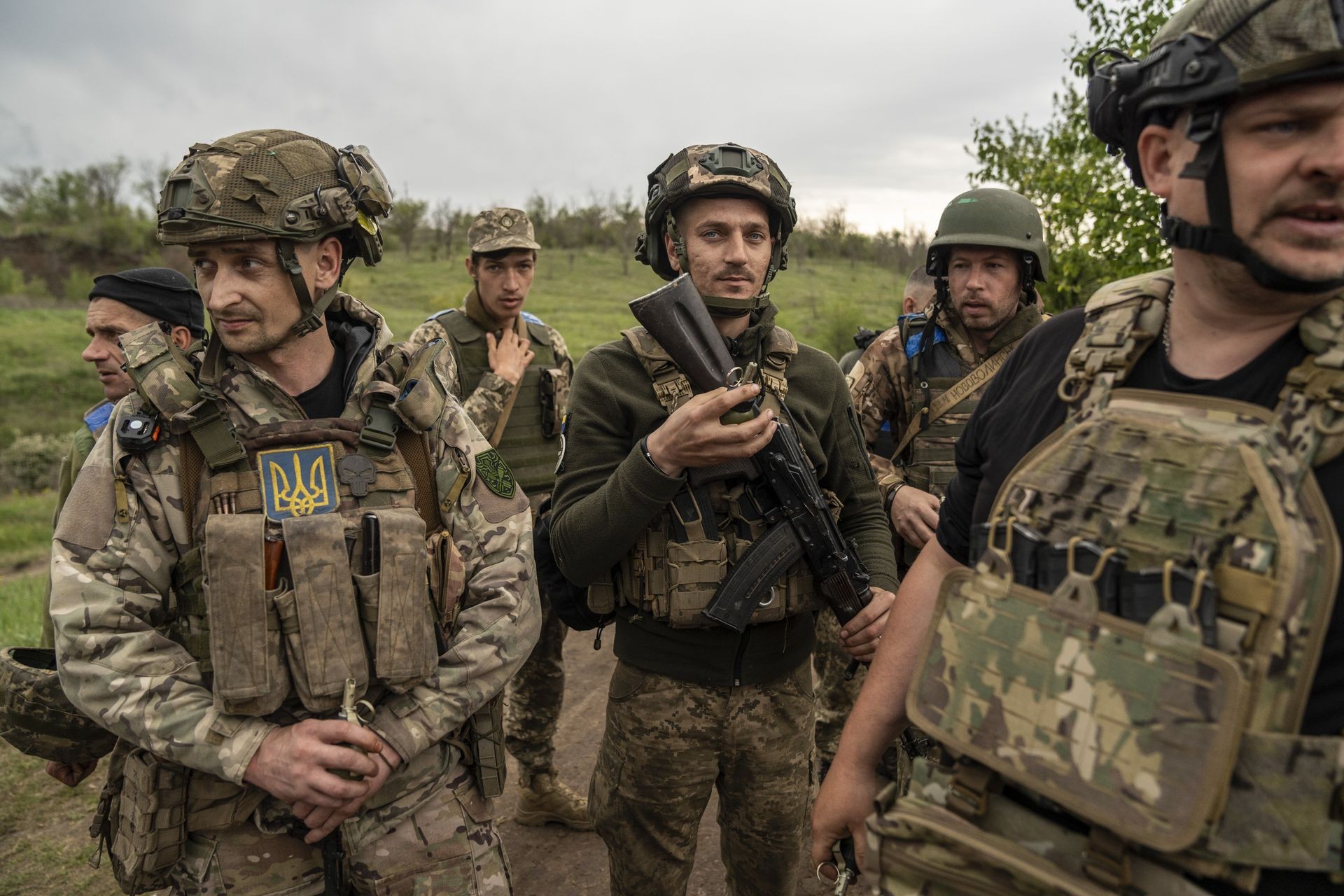 Ukrainian infantrymen from the 68th brigade undergo training on tactical combat medicine in Donetsk Oblast, Ukraine, on May 12, 2025. (Jose Colon/Anadolu via Getty Images)