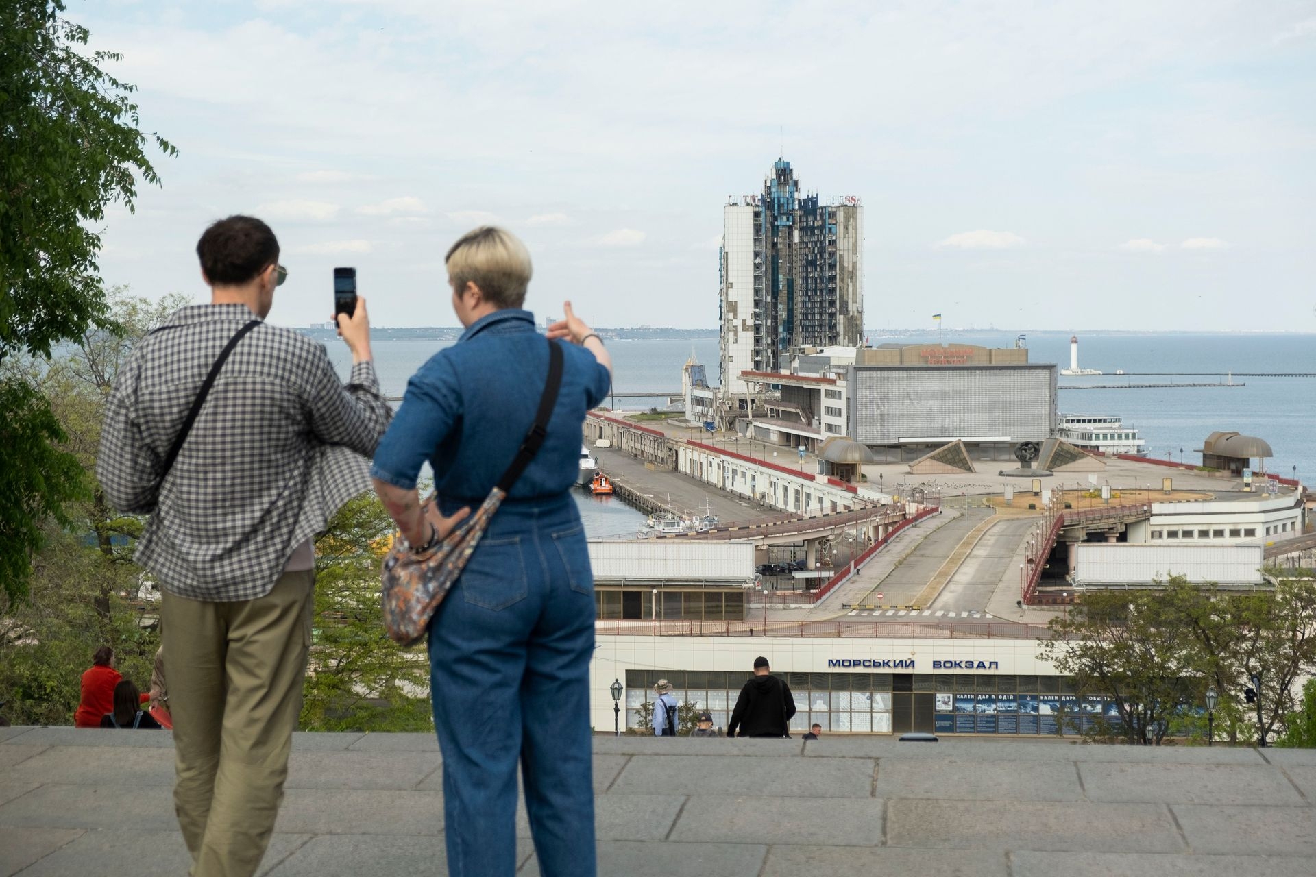 A view from the Potemkin Steps toward the marine terminal, destroyed by a missile, in Odesa, Ukraine, on May 8, 2025. 