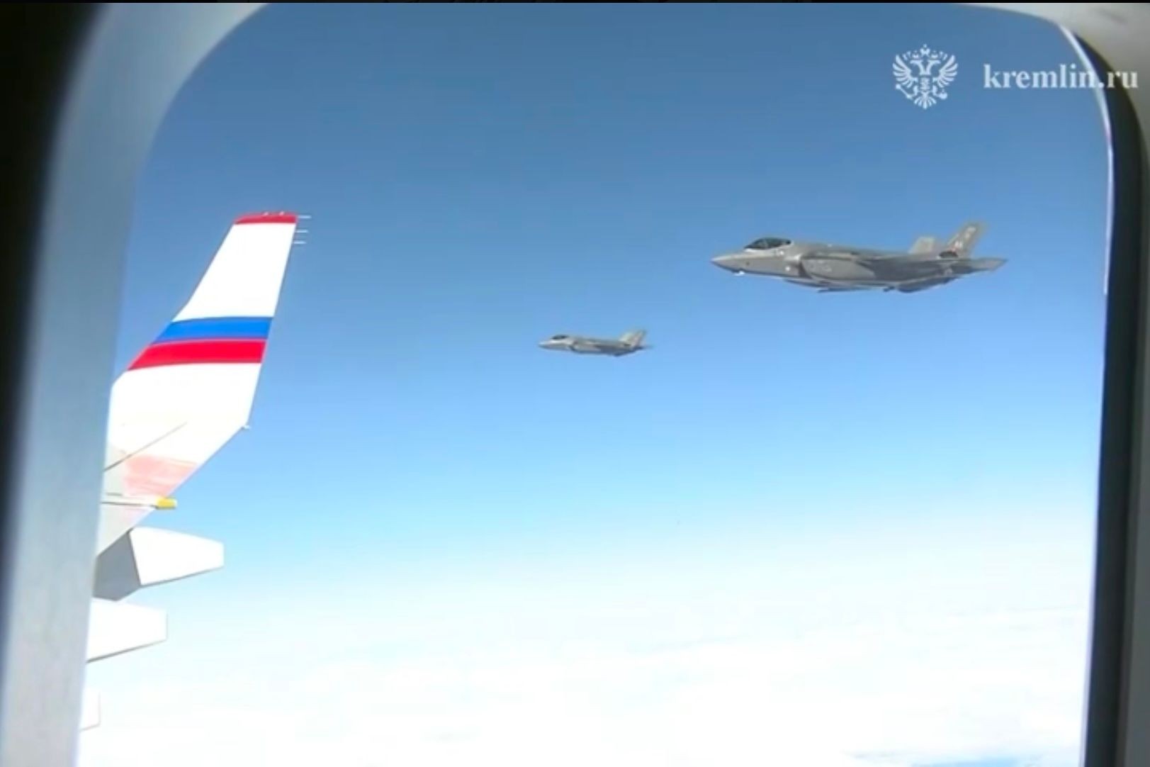 Screenshot from the video shared by the Kremlin showing U.S. fighter jets escorting Russian President Vladimir Putin's plane from Alaska on Aug. 16, 2025, following his meeting with U.S. President Donald Trump. (Kremlin/Telegram)