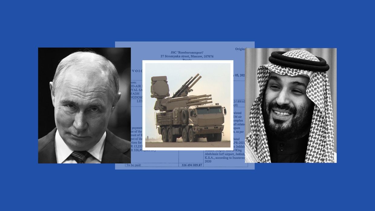 A collage features the Pantsir, an invoice from Rosoboronexport, and portraits of Vladimir Putin and Mohammed Bin Salman.